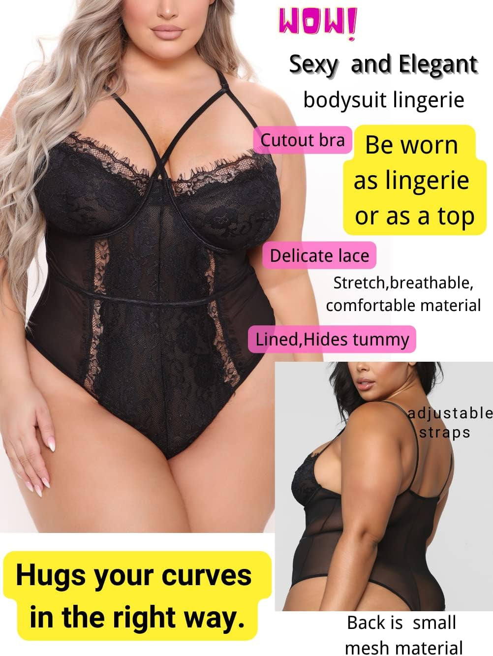 plus Size Eyelash Lace Bodysuit, Snap Crotch Sexy Top Lingerie, Club Outfit