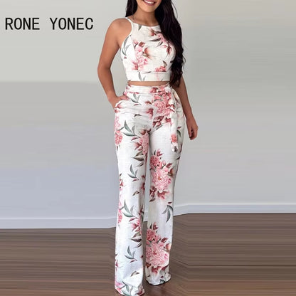 Women Two Pieces Set Floral Print Sleeveless Top & Pants Set