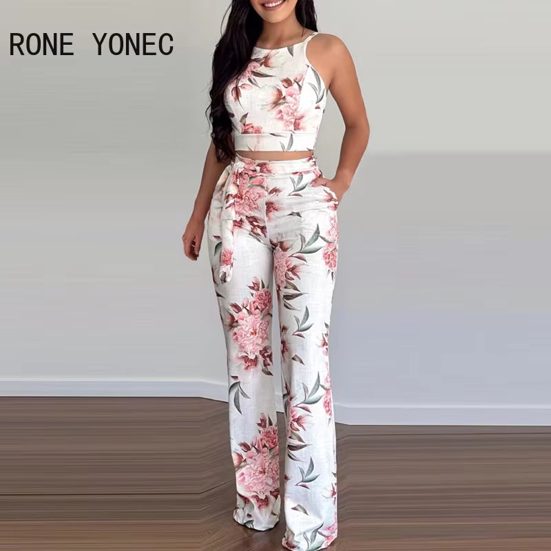 Women Two Pieces Set Floral Print Sleeveless Top & Pants Set