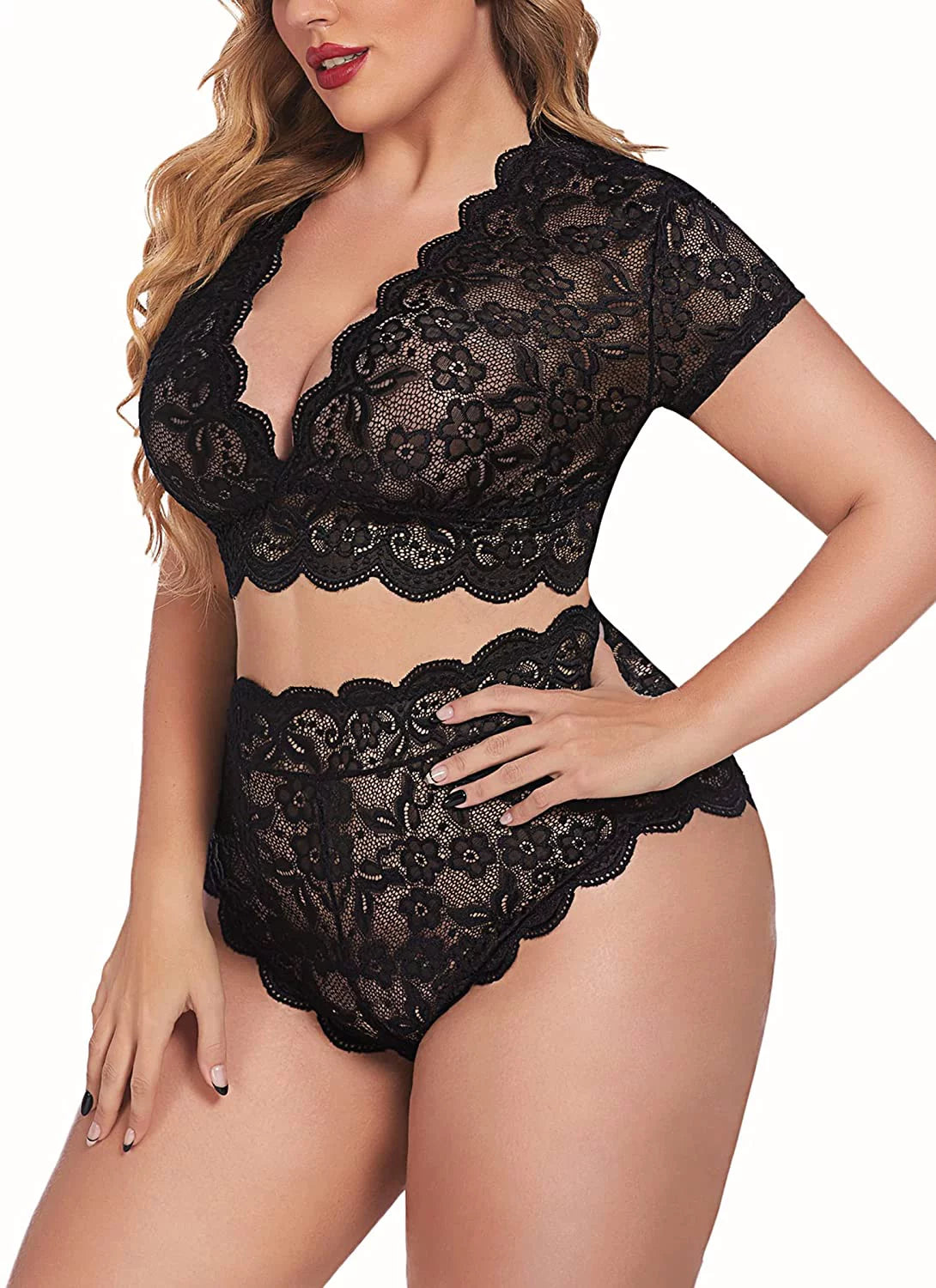 plus Size Lingerie plus Floral Lace Scallop Trim Lingerie Set Bra Panties Set(14W Black)