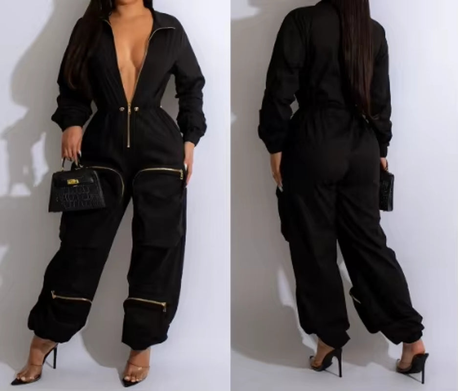 Jumpsuit Women 2024 Autumn Turn-Down Collar Zipper Pocket Design Waist Drawstring Long Sleeves High Waist Casual Cargo Jumpsuit