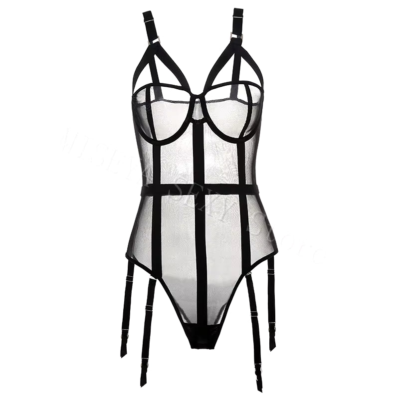 Sexy Lace Mesh Jumpsuit Suspenders Plastic Body Suit Strap Bodysuit Women Garter Temptation Streetwear