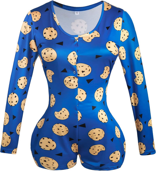 Onesies Women Sexy, Cute Onesie Pajamas for Women Long Sleeve Cookie Monster Large