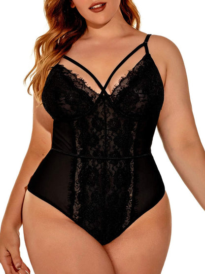 plus Size Eyelash Lace Bodysuit, Snap Crotch Sexy Top Lingerie, Club Outfit