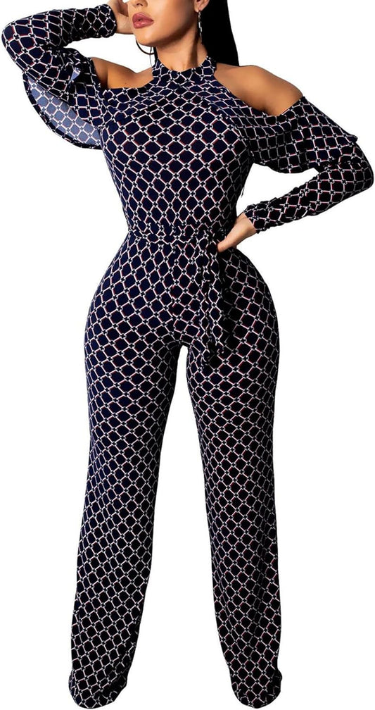 Jumpsuit for Women Sexy Elegant Long Straight Pants Cocktail Printing Jumpsuits Party Club with Zipper