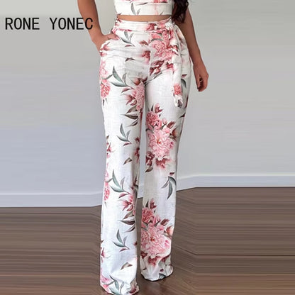 Women Two Pieces Set Floral Print Sleeveless Top & Pants Set