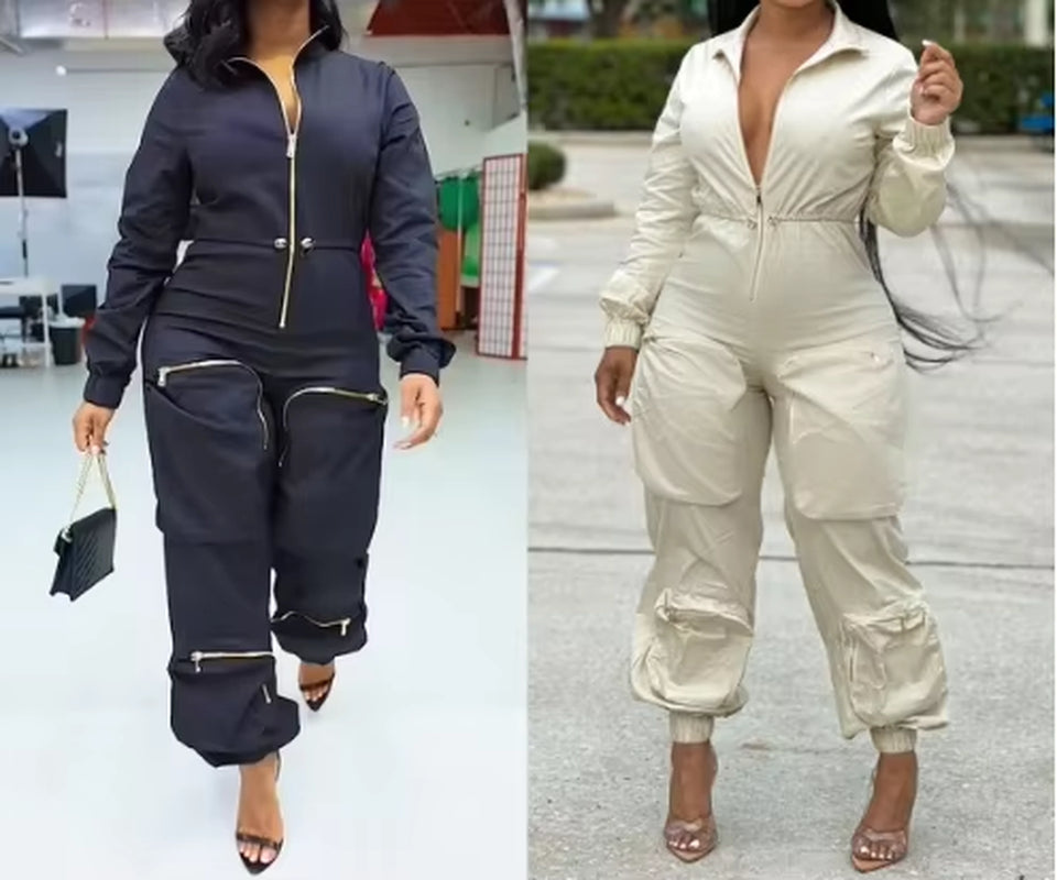 Jumpsuit Women 2024 Autumn Turn-Down Collar Zipper Pocket Design Waist Drawstring Long Sleeves High Waist Casual Cargo Jumpsuit