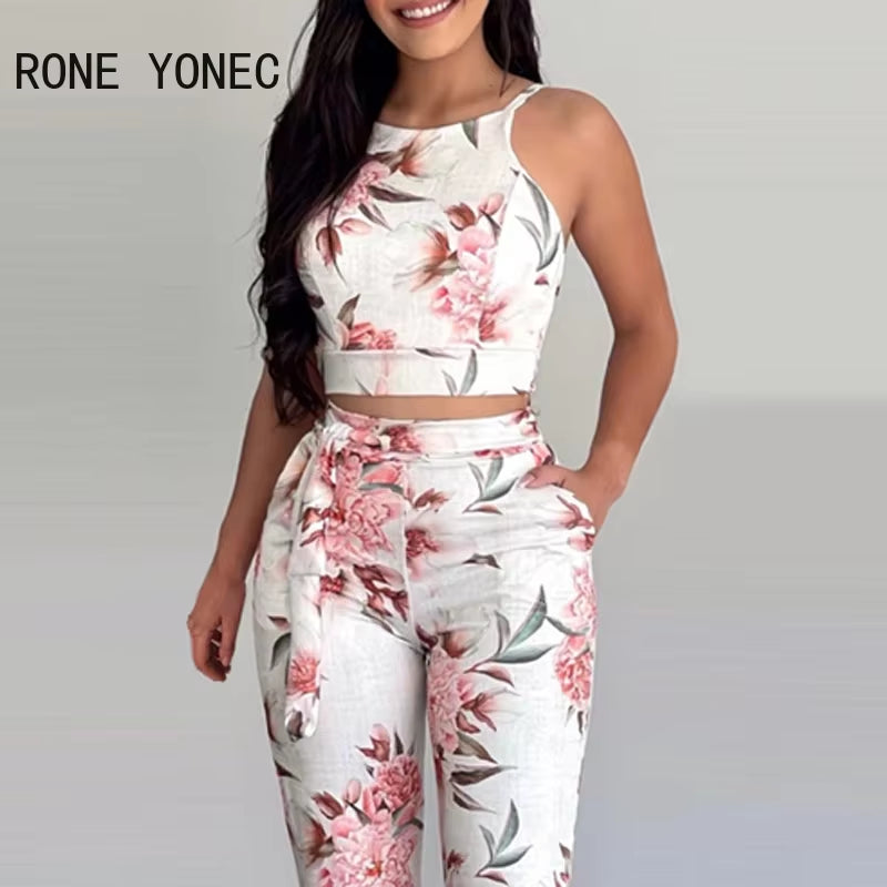 Women Two Pieces Set Floral Print Sleeveless Top & Pants Set